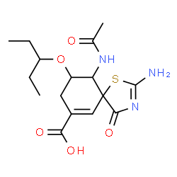 ChemSpider 2D Image | (5R,9R,10S)-10-Acetamido-2-amino-4-oxo-9-(3-pentanyloxy)-1-thia-3-azaspiro[4.5]deca-2,6-diene-7-carboxylic acid | C16H23N3O5S