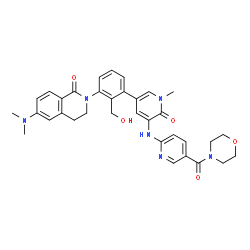 ChemSpider 2D Image | 6-(Dimethylamino)-2-[2-(hydroxymethyl)-3-(1-methyl-5-{[5-(4-morpholinylcarbonyl)-2-pyridinyl]amino}-6-oxo-1,6-dihydro-3-pyridinyl)phenyl]-3,4-dihydro-1(2H)-isoquinolinone | C34H36N6O5