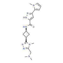 ChemSpider 2D Image | N-(cis-3-{5-[(Dimethylamino)methyl]-4-methyl-4H-1,2,4-triazol-3-yl}cyclobutyl)-3-(1-methyl-1H-pyrrol-2-yl)-1H-pyrazole-5-carboxamide | C19H26N8O
