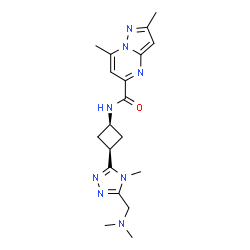 ChemSpider 2D Image | N-(cis-3-{5-[(Dimethylamino)methyl]-4-methyl-4H-1,2,4-triazol-3-yl}cyclobutyl)-2,7-dimethylpyrazolo[1,5-a]pyrimidine-5-carboxamide | C19H26N8O