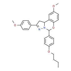 ChemSpider 2D Image | 5-(4-Butoxyphenyl)-9-methoxy-2-(4-methoxyphenyl)-1,10b-dihydropyrazolo[1,5-c][1,3]benzoxazine | C28H30N2O4