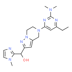 ChemSpider 2D Image | {5-[2-(Dimethylamino)-6-ethyl-4-pyrimidinyl]-4,5,6,7-tetrahydropyrazolo[1,5-a]pyrazin-2-yl}(1-methyl-1H-imidazol-2-yl)methanol | C19H26N8O