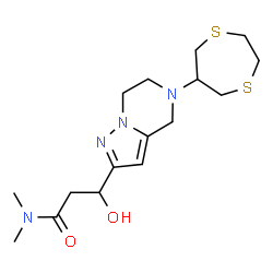 ChemSpider 2D Image | 3-[5-(1,4-Dithiepan-6-yl)-4,5,6,7-tetrahydropyrazolo[1,5-a]pyrazin-2-yl]-3-hydroxy-N,N-dimethylpropanamide | C16H26N4O2S2
