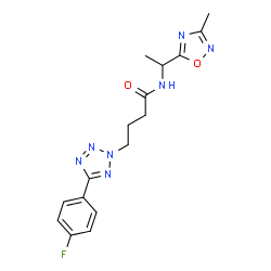 ChemSpider 2D Image | 4-[5-(4-Fluorophenyl)-2H-tetrazol-2-yl]-N-[1-(3-methyl-1,2,4-oxadiazol-5-yl)ethyl]butanamide | C16H18FN7O2