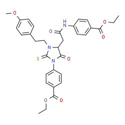 ChemSpider 2D Image | Ethyl 4-{4-(2-{[4-(ethoxycarbonyl)phenyl]amino}-2-oxoethyl)-3-[2-(4-methoxyphenyl)ethyl]-5-oxo-2-thioxo-1-imidazolidinyl}benzoate | C32H33N3O7S