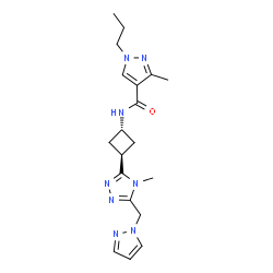 ChemSpider 2D Image | 3-Methyl-N-{trans-3-[4-methyl-5-(1H-pyrazol-1-ylmethyl)-4H-1,2,4-triazol-3-yl]cyclobutyl}-1-propyl-1H-pyrazole-4-carboxamide | C19H26N8O