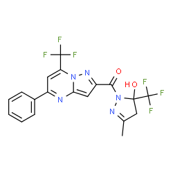 ChemSpider 2D Image | [5-hydroxy-3-methyl-5-(trifluoromethyl)-4,5-dihydropyrazol-1-yl]-[5-phenyl-7-(trifluoromethyl)pyrazolo[1,5-a]pyrimidin-2-yl]methanone | C19H13F6N5O2
