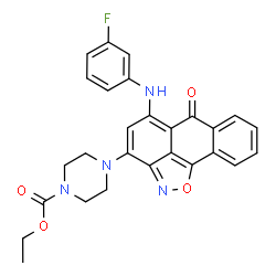 ChemSpider 2D Image | Ethyl 4-{5-[(3-fluorophenyl)amino]-6-oxo-6H-anthra[1,9-cd][1,2]oxazol-3-yl}-1-piperazinecarboxylate | C27H23FN4O4