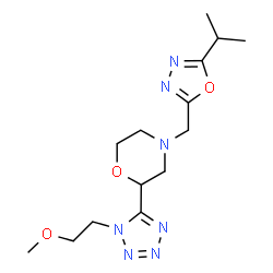 ChemSpider 2D Image | 4-[(5-Isopropyl-1,3,4-oxadiazol-2-yl)methyl]-2-[1-(2-methoxyethyl)-1H-tetrazol-5-yl]morpholine | C14H23N7O3