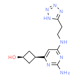 ChemSpider 2D Image | cis-3-(2-Amino-6-{[2-(1H-tetrazol-5-yl)ethyl]amino}-4-pyrimidinyl)cyclobutanol | C11H16N8O