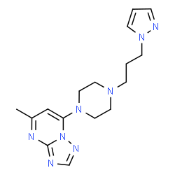 ChemSpider 2D Image | 5-Methyl-7-{4-[3-(1H-pyrazol-1-yl)propyl]-1-piperazinyl}[1,2,4]triazolo[1,5-a]pyrimidine | C16H22N8
