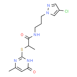 ChemSpider 2D Image | N-[3-(4-Chloro-1H-pyrazol-1-yl)propyl]-2-[(4-methyl-6-oxo-1,6-dihydro-2-pyrimidinyl)sulfanyl]propanamide | C14H18ClN5O2S
