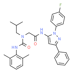 ChemSpider 2D Image | N~2~-[(2,6-Dimethylphenyl)carbamoyl]-N-[1-(4-fluorophenyl)-3-phenyl-1H-pyrazol-5-yl]-N~2~-isobutylglycinamide | C30H32FN5O2