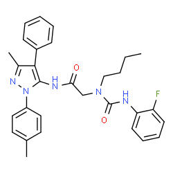 ChemSpider 2D Image | N~2~-Butyl-N~2~-[(2-fluorophenyl)carbamoyl]-N-[3-methyl-1-(4-methylphenyl)-4-phenyl-1H-pyrazol-5-yl]glycinamide | C30H32FN5O2