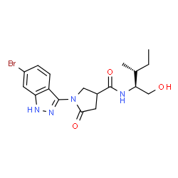 ChemSpider 2D Image | 1-(6-Bromo-1H-indazol-3-yl)-N-[(2S,3R)-1-hydroxy-3-methyl-2-pentanyl]-5-oxo-3-pyrrolidinecarboxamide | C18H23BrN4O3