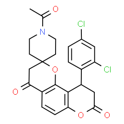 ChemSpider 2D Image | 1-Acetyl-10'-(2,4-dichlorophenyl)-9',10'-dihydro-8'H-spiro[piperidine-4,2'-pyrano[2,3-f]chromene]-4',8'(3'H)-dione | C24H21Cl2NO5