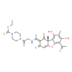 ChemSpider 2D Image | Ethyl 4-(N-{(1E)-1-[(9bR)-6-acetyl-7,9-dihydroxy-8,9b-dimethyl-1,3-dioxo-3,9b-dihydrodibenzo[b,d]furan-2(1H)-ylidene]ethyl}glycyl)-1-piperazinecarboxylate | C27H31N3O9