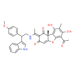 ChemSpider 2D Image | (2E,9bR)-6-Acetyl-7,9-dihydroxy-2-(1-{[2-(1H-indol-3-yl)-2-(4-methoxyphenyl)ethyl]amino}ethylidene)-8,9b-dimethyldibenzo[b,d]furan-1,3(2H,9bH)-dione | C35H32N2O7
