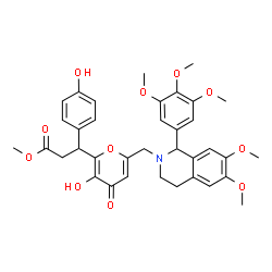 ChemSpider 2D Image | Methyl 3-(6-{[6,7-dimethoxy-1-(3,4,5-trimethoxyphenyl)-3,4-dihydro-2(1H)-isoquinolinyl]methyl}-3-hydroxy-4-oxo-4H-pyran-2-yl)-3-(4-hydroxyphenyl)propanoate | C36H39NO11