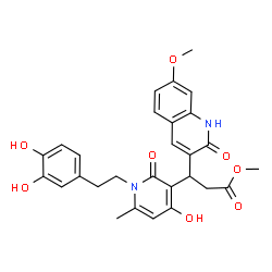ChemSpider 2D Image | Methyl 3-{1-[2-(3,4-dihydroxyphenyl)ethyl]-4-hydroxy-6-methyl-2-oxo-1,2-dihydro-3-pyridinyl}-3-(7-methoxy-2-oxo-1,2-dihydro-3-quinolinyl)propanoate | C28H28N2O8