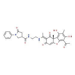 ChemSpider 2D Image | N-[2-({(1E)-1-[(9bR)-6-Acetyl-7,9-dihydroxy-8,9b-dimethyl-1,3-dioxo-3,9b-dihydrodibenzo[b,d]furan-2(1H)-ylidene]ethyl}amino)ethyl]-5-oxo-1-phenyl-3-pyrrolidinecarboxamide | C31H31N3O8