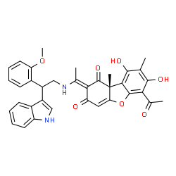 ChemSpider 2D Image | (2E,9bR)-6-Acetyl-7,9-dihydroxy-2-(1-{[2-(1H-indol-3-yl)-2-(2-methoxyphenyl)ethyl]amino}ethylidene)-8,9b-dimethyldibenzo[b,d]furan-1,3(2H,9bH)-dione | C35H32N2O7
