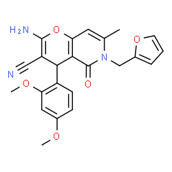ChemSpider 2D Image | 2-Amino-4-(2,4-dimethoxyphenyl)-6-(2-furylmethyl)-7-methyl-5-oxo-5,6-dihydro-4H-pyrano[3,2-c]pyridine-3-carbonitrile | C23H21N3O5