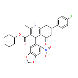 ChemSpider 2D Image | Cyclohexyl 7-(4-chlorophenyl)-2-methyl-4-(6-nitro-1,3-benzodioxol-5-yl)-5-oxo-1,4,5,6,7,8-hexahydro-3-quinolinecarboxylate | C30H29ClN2O7