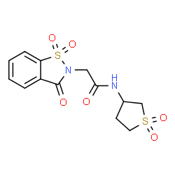 ChemSpider 2D Image | 2-(1,1-Dioxido-3-oxo-1,2-benzothiazol-2(3H)-yl)-N-(1,1-dioxidotetrahydro-3-thiophenyl)acetamide | C13H14N2O6S2