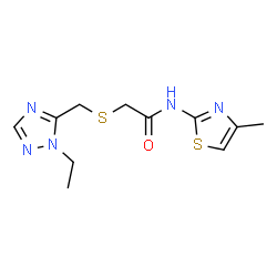 ChemSpider 2D Image | 2-{[(1-Ethyl-1H-1,2,4-triazol-5-yl)methyl]sulfanyl}-N-(4-methyl-1,3-thiazol-2-yl)acetamide | C11H15N5OS2