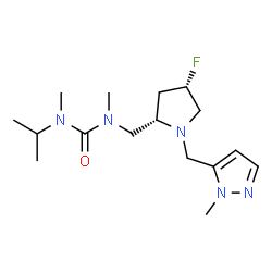 ChemSpider 2D Image | 1-({(2S,4S)-4-Fluoro-1-[(1-methyl-1H-pyrazol-5-yl)methyl]-2-pyrrolidinyl}methyl)-3-isopropyl-1,3-dimethylurea | C16H28FN5O