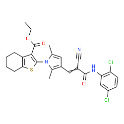 ChemSpider 2D Image | Ethyl 2-(3-{2-cyano-3-[(2,5-dichlorophenyl)amino]-3-oxo-1-propen-1-yl}-2,5-dimethyl-1H-pyrrol-1-yl)-4,5,6,7-tetrahydro-1-benzothiophene-3-carboxylate | C27H25Cl2N3O3S