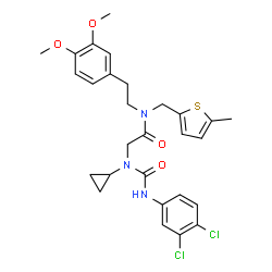 ChemSpider 2D Image | N~2~-Cyclopropyl-N~2~-[(3,4-dichlorophenyl)carbamoyl]-N-[2-(3,4-dimethoxyphenyl)ethyl]-N-[(5-methyl-2-thienyl)methyl]glycinamide | C28H31Cl2N3O4S