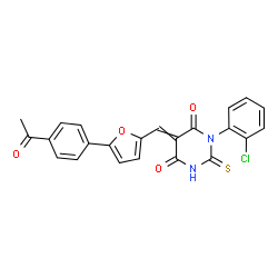 ChemSpider 2D Image | 5-{[5-(4-Acetylphenyl)-2-furyl]methylene}-1-(2-chlorophenyl)-2-thioxodihydro-4,6(1H,5H)-pyrimidinedione | C23H15ClN2O4S