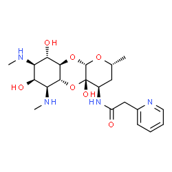 ChemSpider 2D Image | 2-(2-Pyridinyl)-N-[(2R,4R,4aS,5aR,6S,7S,8R,9S,9aR,10aS)-4a,7,9-trihydroxy-2-methyl-6,8-bis(methylamino)decahydro-2H-pyrano[2,3-b][1,4]benzodioxin-4-yl]acetamide | C21H32N4O7