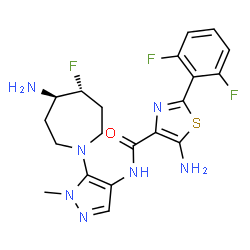 ChemSpider 2D Image | 5-amino-N-{5-[(4R,5R)-4-amino-5-fluoroazepan-1-yl]-1-methylpyrazol-4-yl}-2-(2,6-difluorophenyl)-1,3-thiazole-4-carboxamide | C20H22F3N7OS