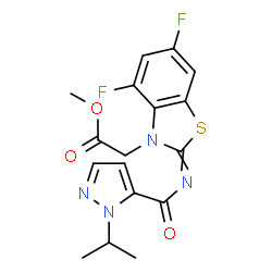 ChemSpider 2D Image | Methyl [4,6-difluoro-2-{[(1-isopropyl-1H-pyrazol-5-yl)carbonyl]imino}-1,3-benzothiazol-3(2H)-yl]acetate | C17H16F2N4O3S