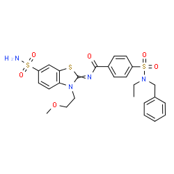 ChemSpider 2D Image | 4-[Benzyl(ethyl)sulfamoyl]-N-[3-(2-methoxyethyl)-6-sulfamoyl-1,3-benzothiazol-2(3H)-ylidene]benzamide | C26H28N4O6S3