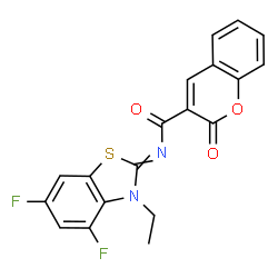 ChemSpider 2D Image | N-(3-Ethyl-4,6-difluoro-1,3-benzothiazol-2(3H)-ylidene)-2-oxo-2H-chromene-3-carboxamide | C19H12F2N2O3S