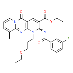 ChemSpider 2D Image | Ethyl 1-(3-ethoxypropyl)-2-[(3-fluorobenzoyl)imino]-10-methyl-5-oxo-1,5-dihydro-2H-dipyrido[1,2-a:2',3'-d]pyrimidine-3-carboxylate | C27H27FN4O5