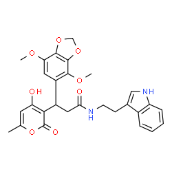 ChemSpider 2D Image | 3-(4,7-Dimethoxy-1,3-benzodioxol-5-yl)-3-(4-hydroxy-6-methyl-2-oxo-2H-pyran-3-yl)-N-[2-(1H-indol-3-yl)ethyl]propanamide | C28H28N2O8