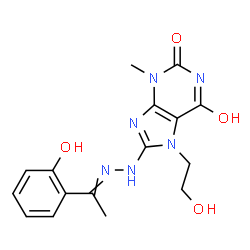 ChemSpider 2D Image | 6-Hydroxy-7-(2-hydroxyethyl)-8-{2-[1-(2-hydroxyphenyl)ethylidene]hydrazino}-3-methyl-3,7-dihydro-2H-purin-2-one | C16H18N6O4