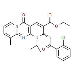 ChemSpider 2D Image | Ethyl 2-[(2-chlorobenzoyl)imino]-1-isopropyl-10-methyl-5-oxo-1,5-dihydro-2H-dipyrido[1,2-a:2',3'-d]pyrimidine-3-carboxylate | C25H23ClN4O4