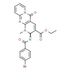 ChemSpider 2D Image | Ethyl 2-[(4-bromobenzoyl)imino]-1-methyl-5-oxo-1,5-dihydro-2H-dipyrido[1,2-a:2',3'-d]pyrimidine-3-carboxylate | C22H17BrN4O4