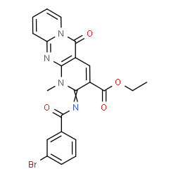 ChemSpider 2D Image | Ethyl 2-[(3-bromobenzoyl)imino]-1-methyl-5-oxo-1,5-dihydro-2H-dipyrido[1,2-a:2',3'-d]pyrimidine-3-carboxylate | C22H17BrN4O4
