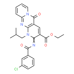 ChemSpider 2D Image | Ethyl 2-[(3-chlorobenzoyl)imino]-1-isobutyl-5-oxo-1,5-dihydro-2H-dipyrido[1,2-a:2',3'-d]pyrimidine-3-carboxylate | C25H23ClN4O4