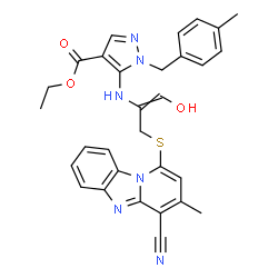 ChemSpider 2D Image | Ethyl 5-({3-[(4-cyano-3-methylpyrido[1,2-a]benzimidazol-1-yl)sulfanyl]-1-hydroxy-1-propen-2-yl}amino)-1-(4-methylbenzyl)-1H-pyrazole-4-carboxylate | C30H28N6O3S