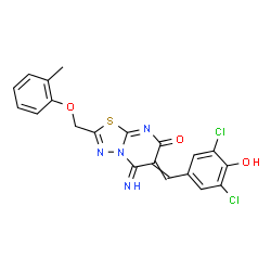 ChemSpider 2D Image | 6-(3,5-Dichloro-4-hydroxybenzylidene)-5-imino-2-[(2-methylphenoxy)methyl]-5,6-dihydro-7H-[1,3,4]thiadiazolo[3,2-a]pyrimidin-7-one | C20H14Cl2N4O3S