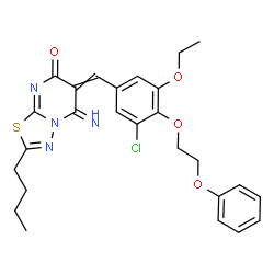 ChemSpider 2D Image | 2-Butyl-6-[3-chloro-5-ethoxy-4-(2-phenoxyethoxy)benzylidene]-5-imino-5,6-dihydro-7H-[1,3,4]thiadiazolo[3,2-a]pyrimidin-7-one | C26H27ClN4O4S