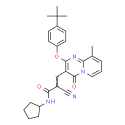 ChemSpider 2D Image | 2-Cyano-N-cyclopentyl-3-{9-methyl-2-[4-(2-methyl-2-propanyl)phenoxy]-4-oxo-4H-pyrido[1,2-a]pyrimidin-3-yl}acrylamide | C28H30N4O3